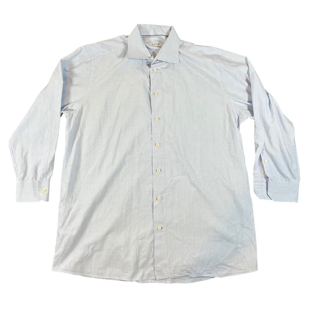 Eton Contemporary Fit Dress Shirt‎ Mens 18 46 Light Blue Glen Plaid Cotton Work